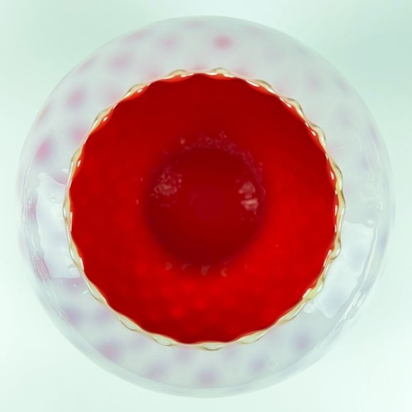 Vintage Kanawha Glass Round Vase Ruby Red Satin Opalescent Diamond Optic Quilt - Picture 3 of 6